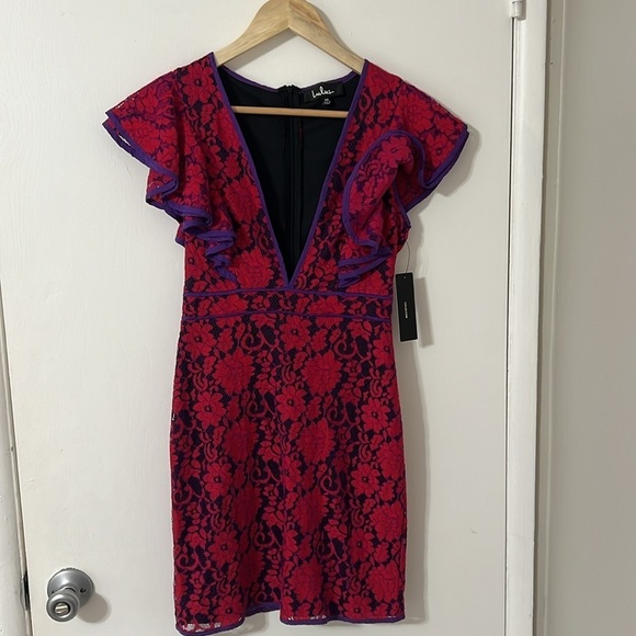 Lulu’s Purple and Red Lace Ruffle Mini Dress NWT - Picture 6 of 12